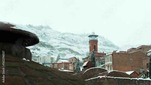 Tbilisi old town, Georgia, winter city, Castle on the mountain, Narikala Fortress, snowfall, Caucasus, Tbilisi Central Mosque, sulfur baths