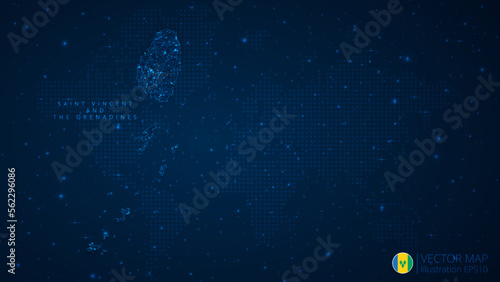 Map of Saint Vincent and the Grenadines modern design with polygonal shapes on dark blue background. Business wireframe mesh spheres from flying debris. Blue structure style vector concept