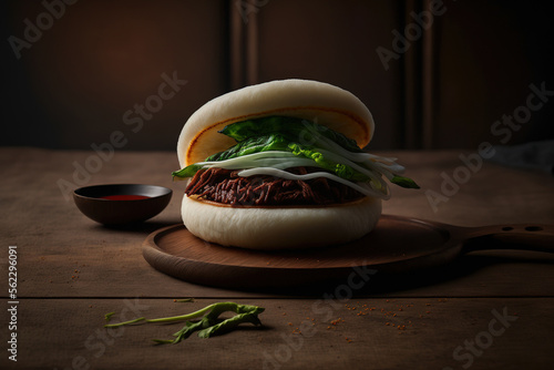 Asian hamburger or sandwich made with a steamed bun, or Taiwanese gua bao. Generative AI photo