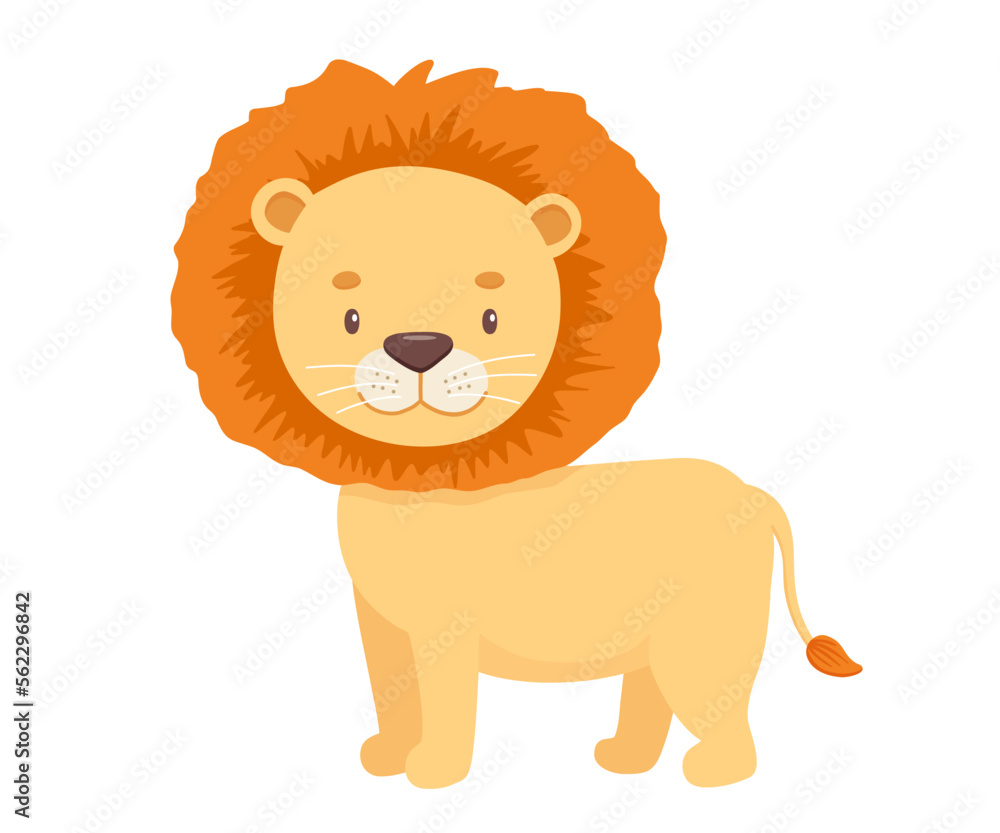 Cute lion in cartoon style. Drawing african baby wild cat isolated on