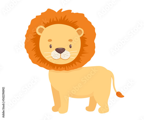 Cute lion in cartoon style. Drawing african baby wild cat isolated on white background. Vector sweet tiger for kids poster and card. Jungle animal