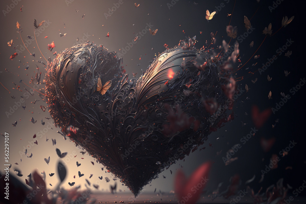 A heart shaped object with butterflies flying around it, Valentine's day concept, Generative AI