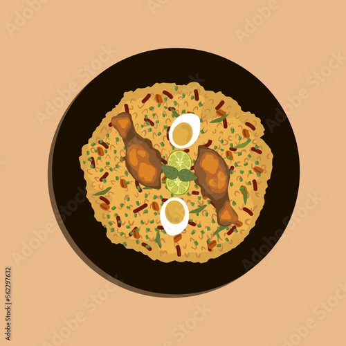 Food illustration, Biryani Spicy Indian Malabar biryani Hyderabadi biryani, Dum Biriyani pulao golden bowl Kerala India Sri Lanka Pakistan basmati rice mixed rice dish with meat curry Ramadan 