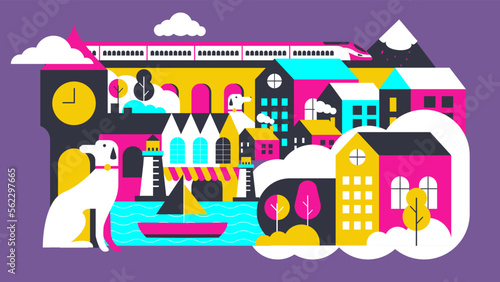 Fototapeta Naklejka Na Ścianę i Meble -  Cute and creative vector illustration of a colourful city street