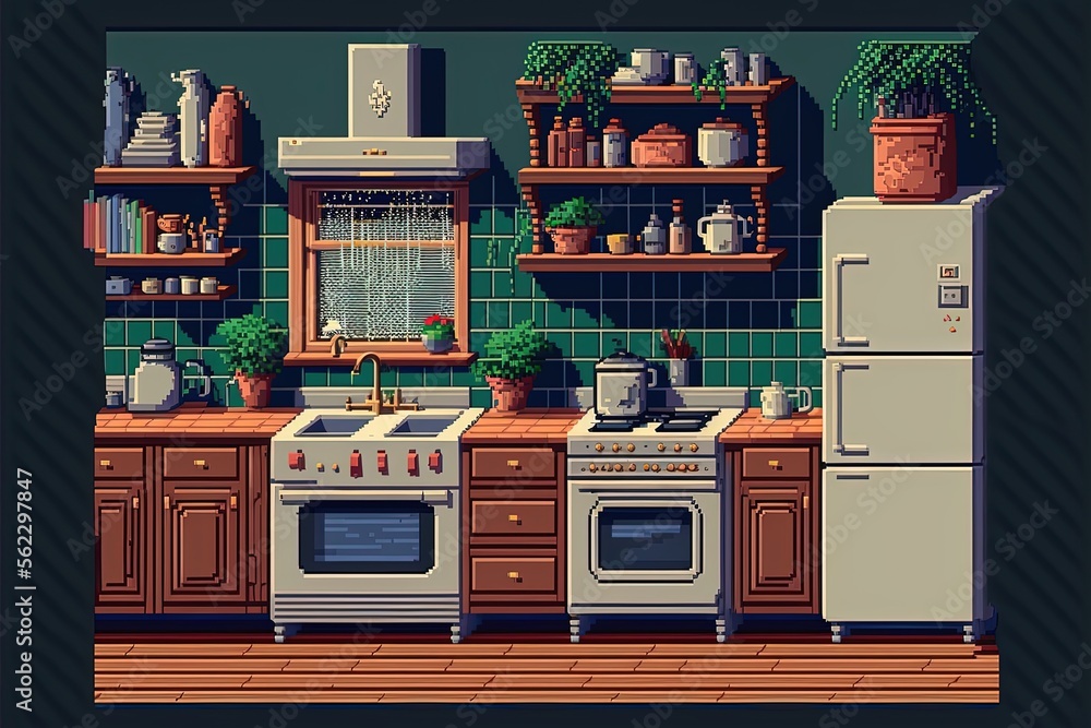 Pixel art retro kitchen view, old kitchen, background in retro style for 8 bit game, Generative AI Pixel art retro kitchen view, old kitchen, background in retro style for 8 bit game, Generative AI
