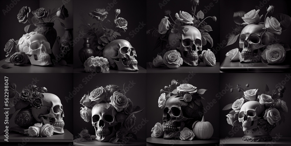 Monotone Black and white set of skull and roses still life created using generative AI technology