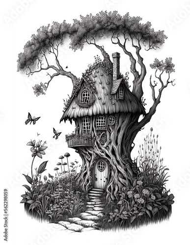 fairy tree house coloring page, generative ai