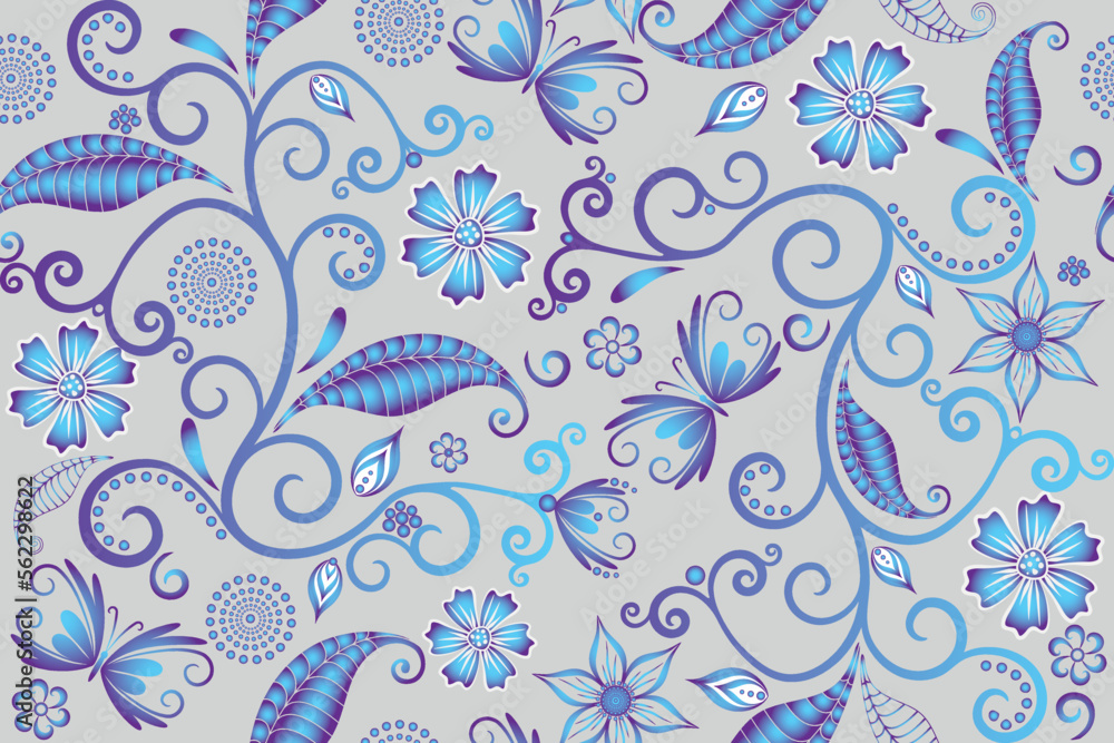 Fototapeta premium Vector gray-blue seamless gradient pattern with vintage flowers and butterflies