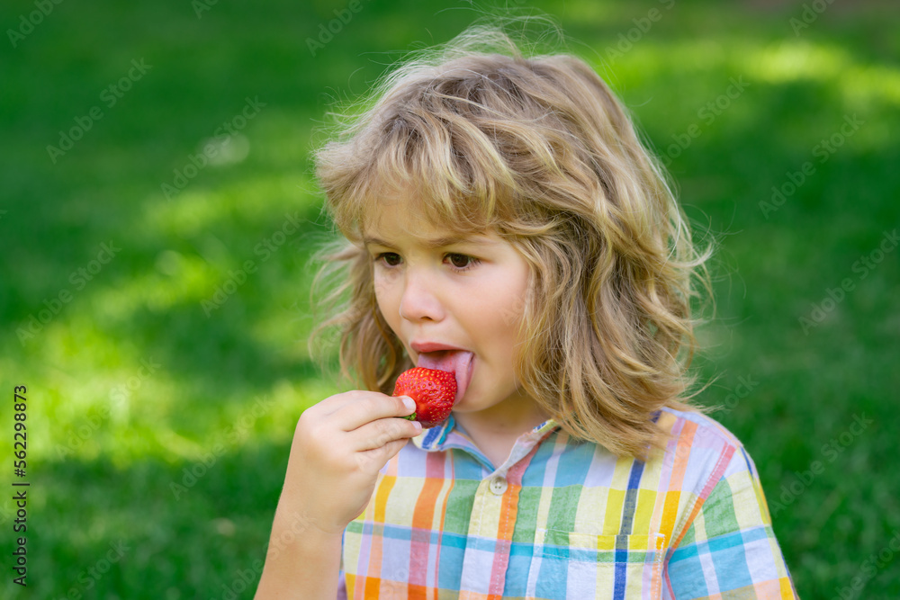 Summer cute kid face. Strawberry fot kids. Happy kid eating ripe, sweet, juicy, fresh strawberry. Child holding strawberries. Concept of healthy summer berries strawberries. Summer cute kid face. Strawberry fot kids. Happy kid eating ripe, sweet, juicy, fresh strawberry. Child holding strawberries. Concept of healthy summer berries strawberries.