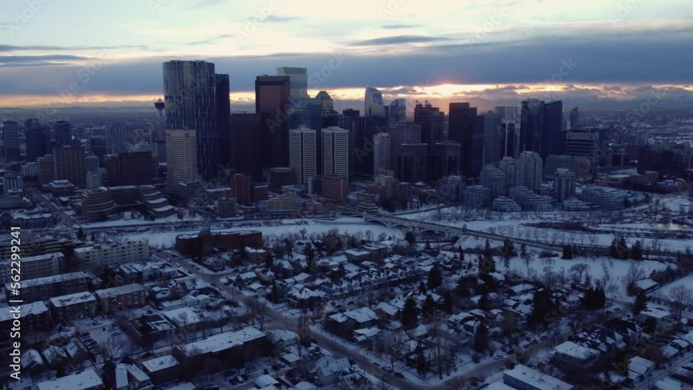 Flying a drone in the heart of Calgary during a winter sunset Flying a drone in the heart of Calgary during a winter sunset