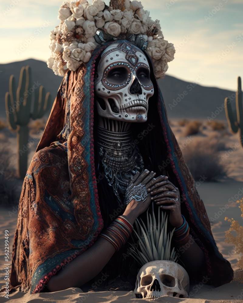 La llorona, La Santa Muerte. Mexican Skull adorned with flowers. This image was created with generative AI
