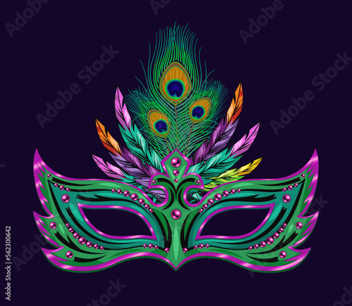 Carnival masquerade turquoise mask decorated with beads, bundle of colorful feathers. Detailed illustration in vintage style