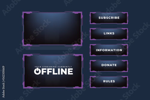 Futuristic gamer screen interface decoration with abstract shapes and purple colors. Modern live-streaming border frame design with subscribe buttons. Special gaming overlay frame vector.