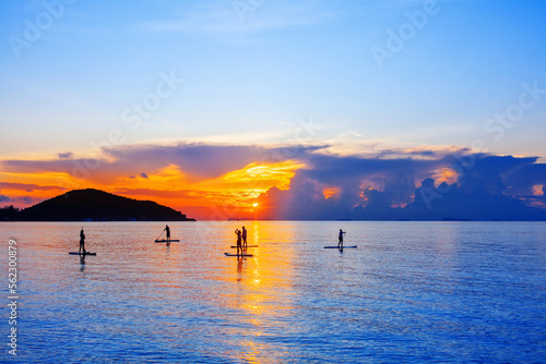 People silhouettes stand SUP paddle boarding, sea sunset beach, active young man woman surfing paddling board, ocean sunrise, surfboard, healthy lifestyle, water sport, summer holidays, relax vacation