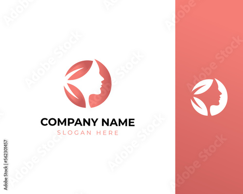 beauty face and leaf logo with pink soft gradient