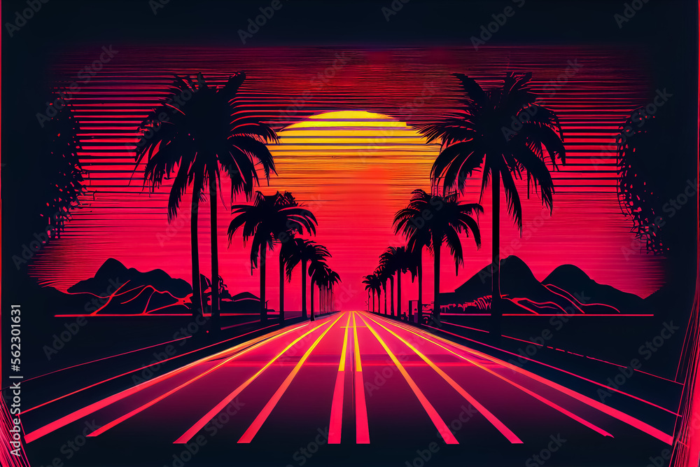 illustration of neon tropical theme with retro 80 palm tree and exotic floral. ai