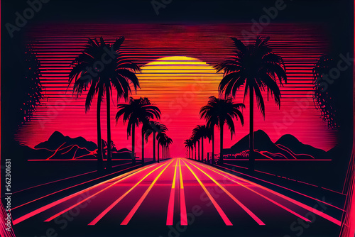 illustration of neon tropical theme with retro 80 palm tree and exotic floral. ai