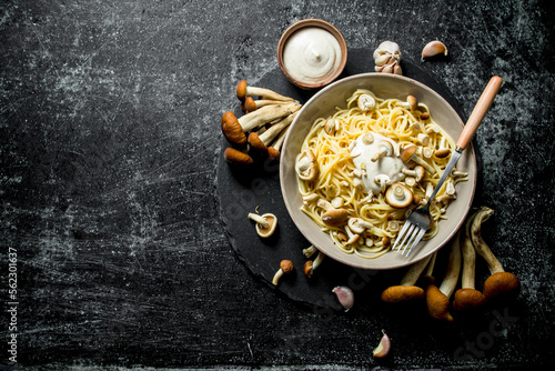 The pasta with the sauce in a bowl and fresh mushrooms. © Artem Shadrin