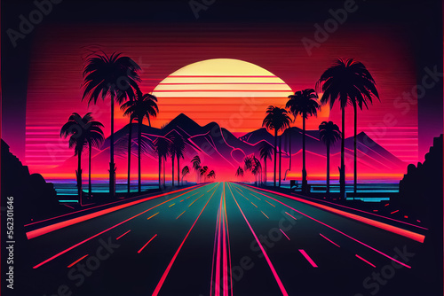 illustration of neon tropical theme with retro 80 palm tree and exotic floral. ai