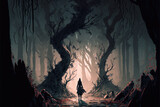 woman walking through a dark and twisted forest, digital art style, illustration painting, generative ai