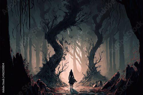 woman walking through a dark and twisted forest, digital art style, illustration painting, generative ai