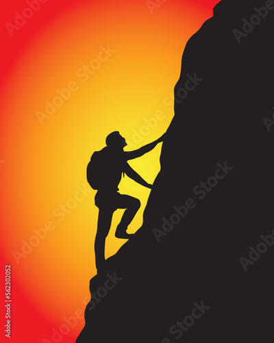 Man climbing on the mountain rock silhouette vector. Motivational success concept. 