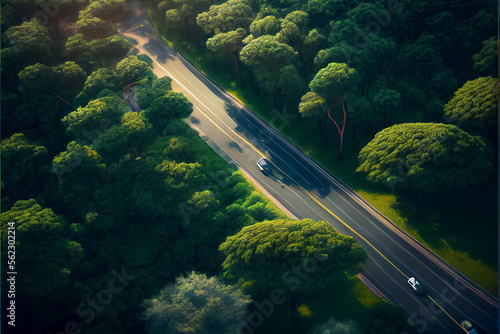 Aerial view of a car on the road in the green forest . AI © terra.incognita