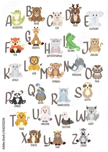 Fototapeta Naklejka Na Ścianę i Meble -  English alphabet Cute Animals for kids education. Funny hand drawn character style. Vector illustration.