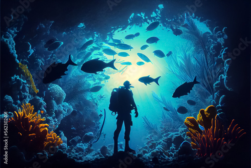 illustration of underwater world with diver and coral reefs. AI