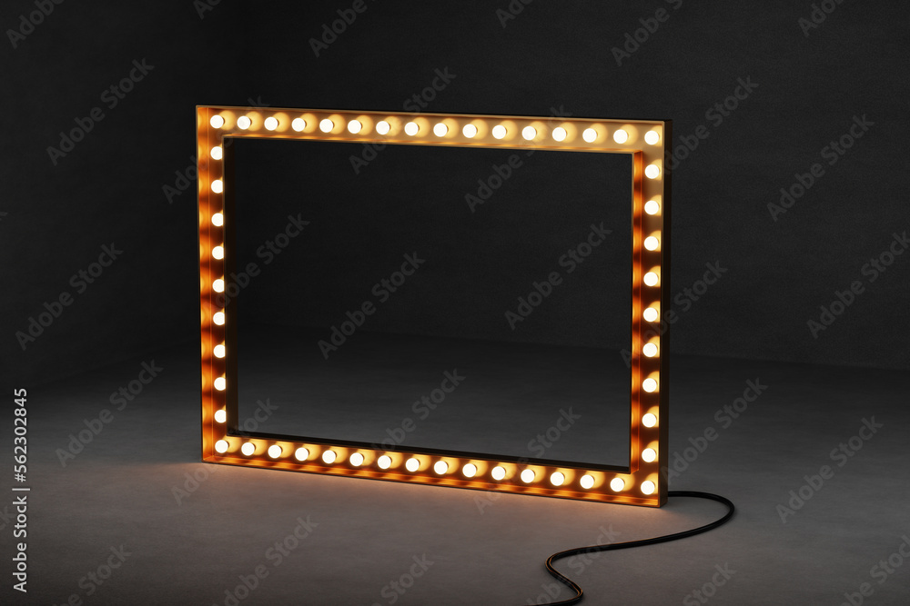 3d retro black signboard with glowing yellow light bulb . Concept of billboard design for cinema, casino, marquee or nightclub . 3d high quality render 3d retro black signboard with glowing yellow light bulb . Concept of billboard design for cinema, casino, marquee or nightclub . 3d high quality render