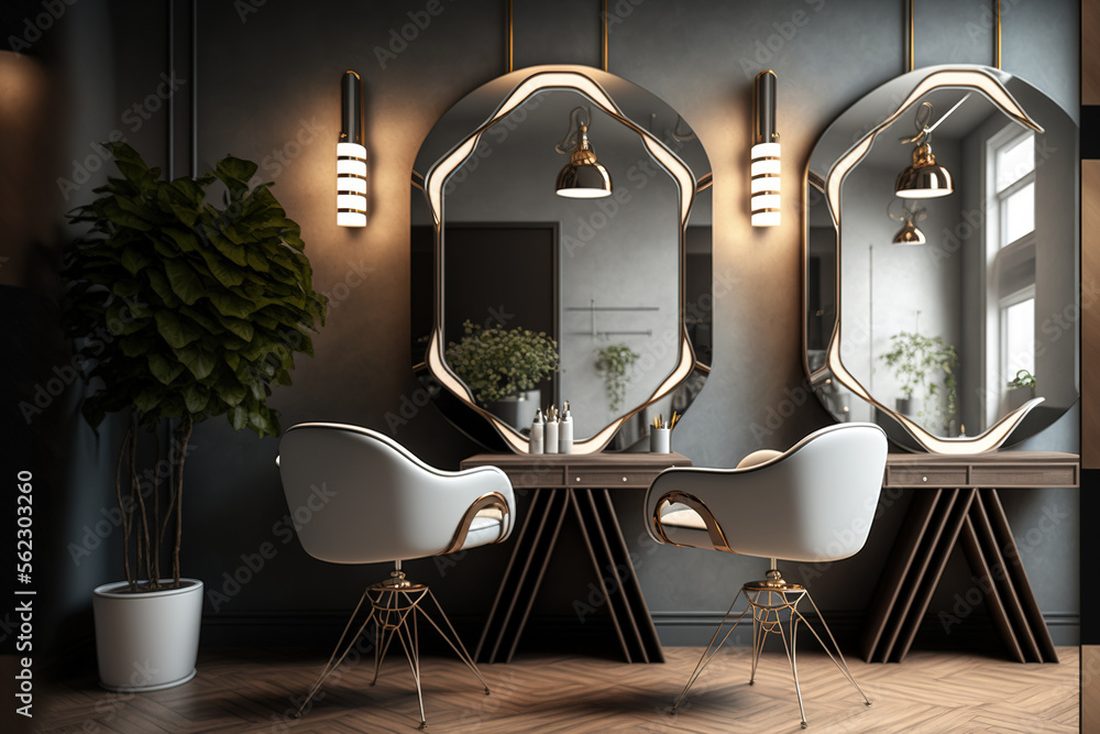 Hairdressers' workspace with lit mirrors and comfortable chairs at a high  end coworking space. A modern interior design idea for a hair salon.  Horizontal positioning. Generative AI Stock-Illustration | Adobe Stock