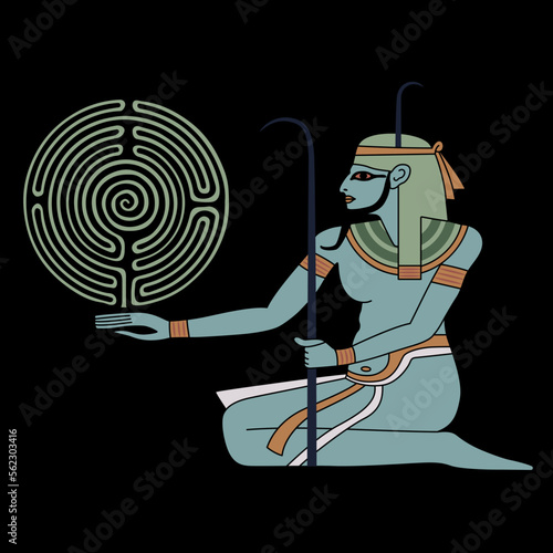 Ancient Egyptian man holding a round spiral maze or labyrinth symbol. Nile god Hapi. Creative concept. Mystery of ancient culture. On black background.
