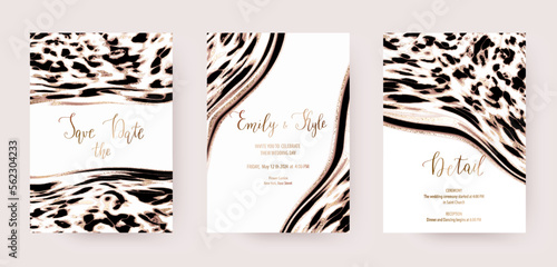 Holiday invitation templates with leopard animal texture and gold stains.