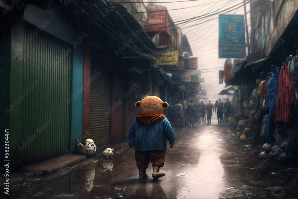 Homeless and hopeless teddy bear in dirty city slums alone in the rain and emotionally broken; forgotten, unloved and lost with no friends - Generative AI illustration.	