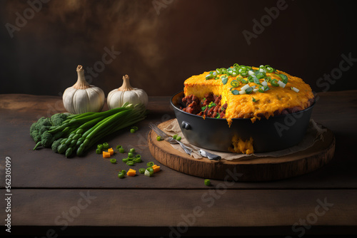 Cajun beef cornbread casserole with red cheddar cheese and scallions on top, horizontal perspective, flat lie, free space, on dark wood table. Generative AI photo