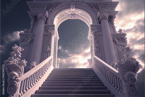 Fotografia Gates lights of heaven in fog above blue sky background and stairs