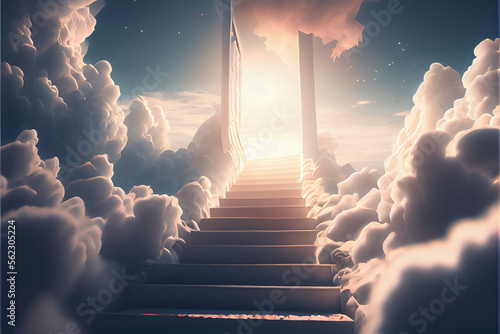 Obraz na płótnie Gates lights of heaven in fog above blue sky background and stairs