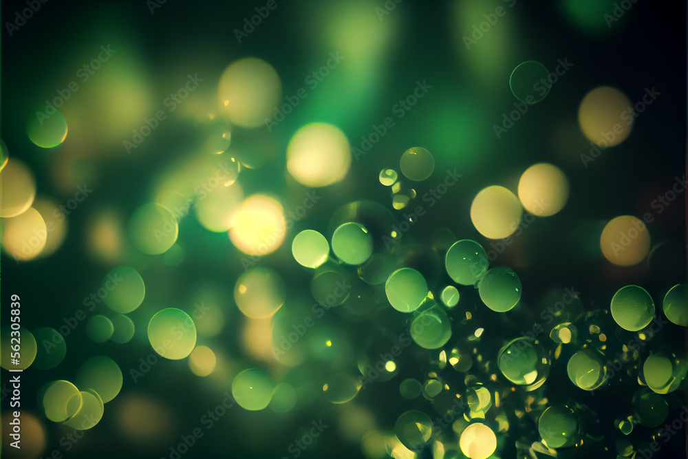 illustration of festive Patrick day Fireworks light green gold emerald bokeh background. AI