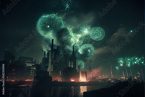 illustration of festive Patrick day Fireworks light green gold emerald bokeh background. AI © terra.incognita