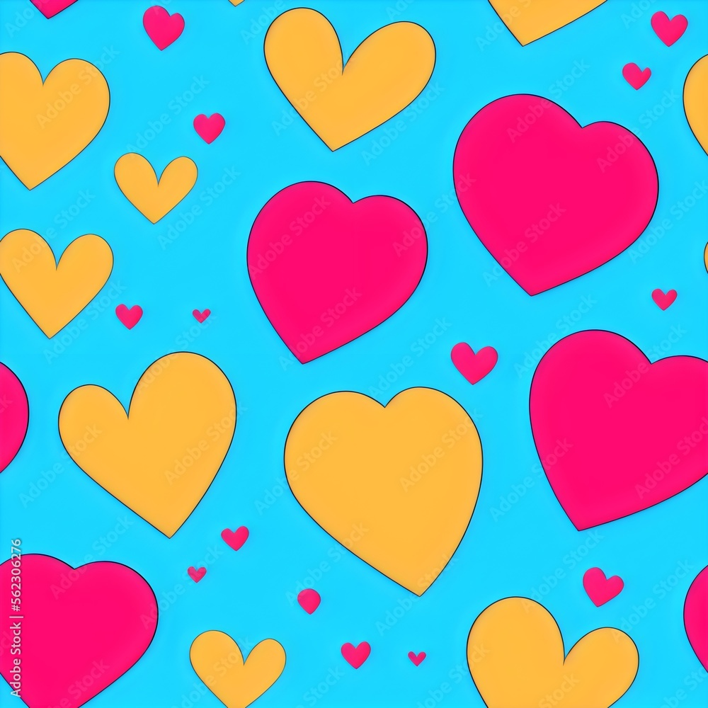 Yellow and red hearts on blue background, seamless hearts pattern, tileable Valentine texture asset, part of Hearts_Textures_Collection, Generative AI