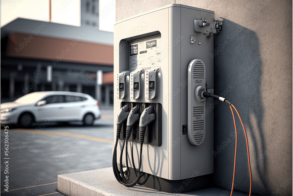 electric car charging station, front view. Generative AI electric car charging station, front view. Generative AI