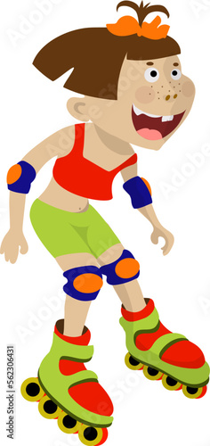 Little funny cartoon girl is rollerblading. She laughs, she is happy.
