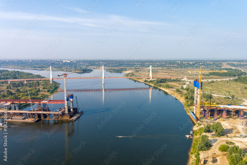 Murom, Russia. Murom bridge. Construction of a bridge across the Oka River. Construction site of the highway M12, Moscow - Kazan. Aerial view