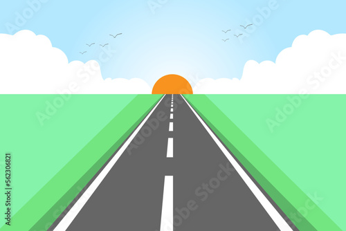 Vector landscape nature background.Road in autumn,clouds on the blue sky. Flat style illustration of spring nature.