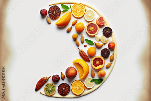 Muslim Crescent Ramadan kareem with dates and other fruits organized in the shape of a crescent moon, top view, copy space, isolated on white. meal concept for iftar. Generative AI photo