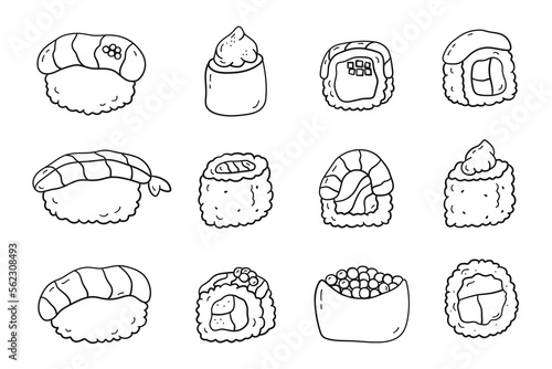 Doodle set of sushi and rolls. Vector illustration asian food in linear drawing style on white background