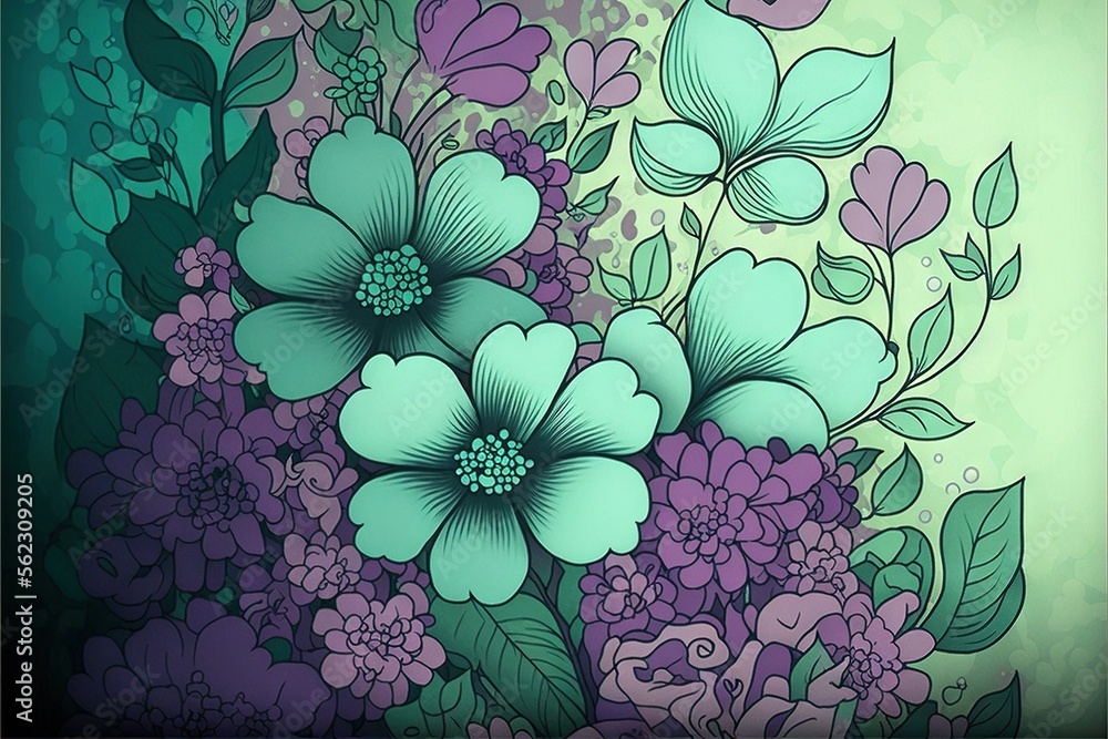 A Painting Of Flowers And Leaves On A Green Background With A Blue a-painting-of-flowers-and-leaves-on-a-green-background-with-a-blue