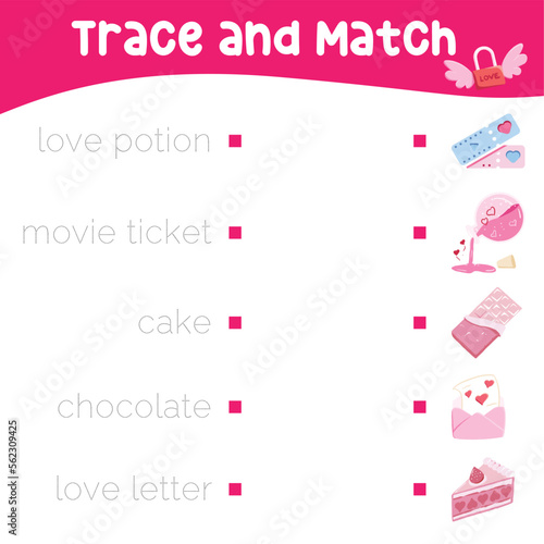 Trace and matching the words with the images. Educational activity kit for children. printable game worksheet. Valentine theme. Vector illustrations file.