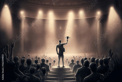 Person Standing on a Stage Holding a Trophy, A Symbol of Success and Triumph