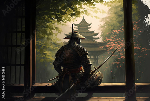 Samurai Warrior Practicing Meditation with a Wooden Sword photo